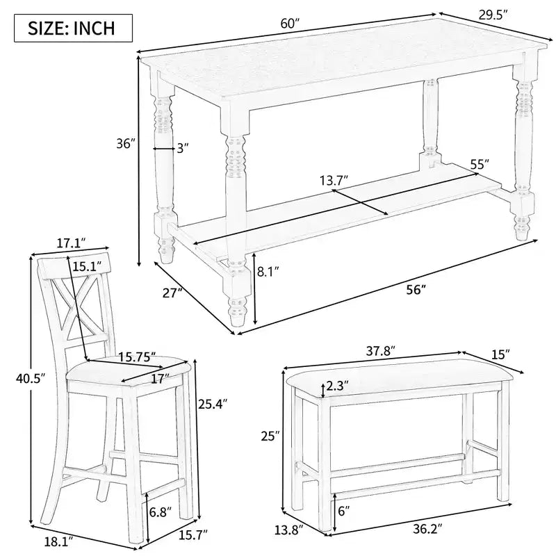 Ensemble de salle à manger GDFStudio Henley 6 pièces en bois massif à hauteur de comptoir avec chaises et banc rembourrés