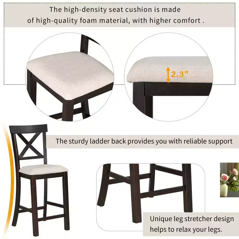 Ensemble de salle à manger GDFStudio Henley 6 pièces en bois massif à hauteur de comptoir avec chaises et banc rembourrés