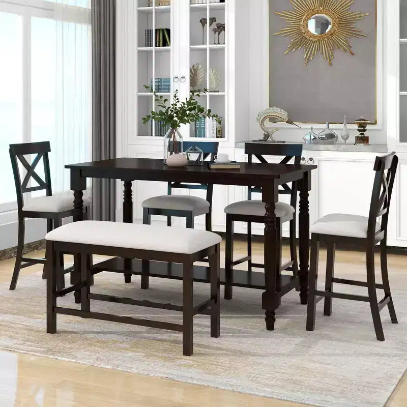 GDFStudio Henley 6 Piece Solid Wood Counter Height Dining Table Set with Upholstered Chairs and Bench