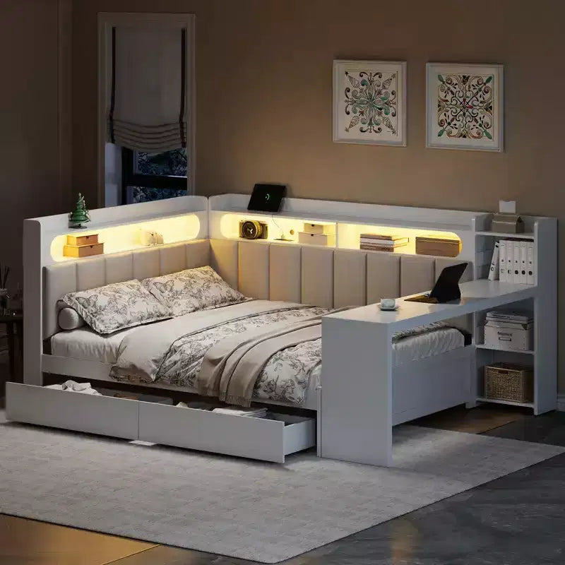 Lit de repos pleine taille avec étagères de rangement, station de charge, lumière LED, bureau et tête et dossier rembourrés - ModernLuxe