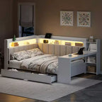 Lit de repos pleine taille avec étagères de rangement, station de charge, lumière LED, bureau et tête et dossier rembourrés - ModernLuxe