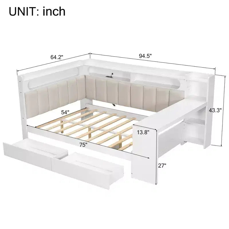 Lit de repos pleine taille avec étagères de rangement, station de charge, lumière LED, bureau et tête et dossier rembourrés - ModernLuxe