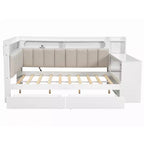 Lit de repos pleine taille avec étagères de rangement, station de charge, lumière LED, bureau et tête et dossier rembourrés - ModernLuxe