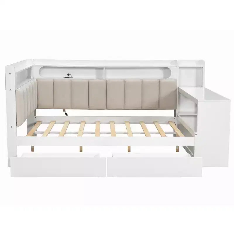 Lit de repos pleine taille avec étagères de rangement, station de charge, lumière LED, bureau et tête et dossier rembourrés - ModernLuxe