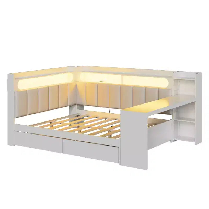 Lit de repos pleine taille avec étagères de rangement, station de charge, lumière LED, bureau et tête et dossier rembourrés - ModernLuxe
