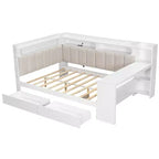 Lit de repos pleine taille avec étagères de rangement, station de charge, lumière LED, bureau et tête et dossier rembourrés - ModernLuxe