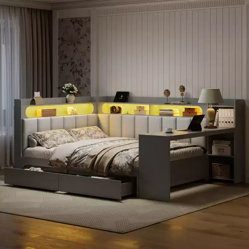 Lit de repos pleine taille avec étagères de rangement, station de charge, lumière LED, bureau et tête et dossier rembourrés - ModernLuxe