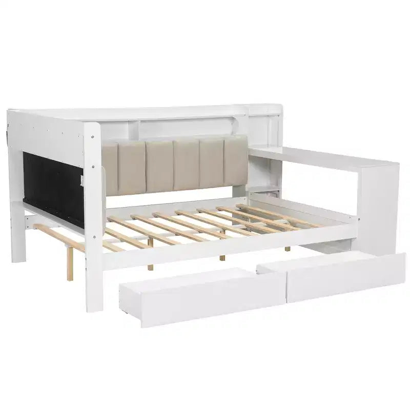Lit de repos pleine taille avec étagères de rangement, station de charge, lumière LED, bureau et tête et dossier rembourrés - ModernLuxe