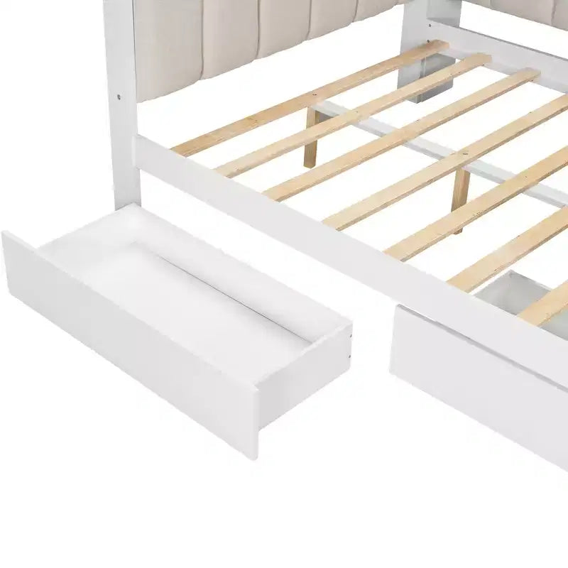 Lit de repos pleine taille avec étagères de rangement, station de charge, lumière LED, bureau et tête et dossier rembourrés - ModernLuxe