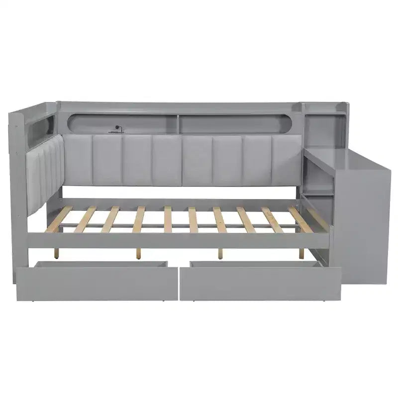 Lit de repos pleine taille avec étagères de rangement, station de charge, lumière LED, bureau et tête et dossier rembourrés - ModernLuxe