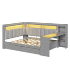 Lit de repos pleine taille avec étagères de rangement, station de charge, lumière LED, bureau et tête et dossier rembourrés - ModernLuxe