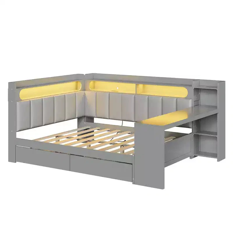 Lit de repos pleine taille avec étagères de rangement, station de charge, lumière LED, bureau et tête et dossier rembourrés - ModernLuxe