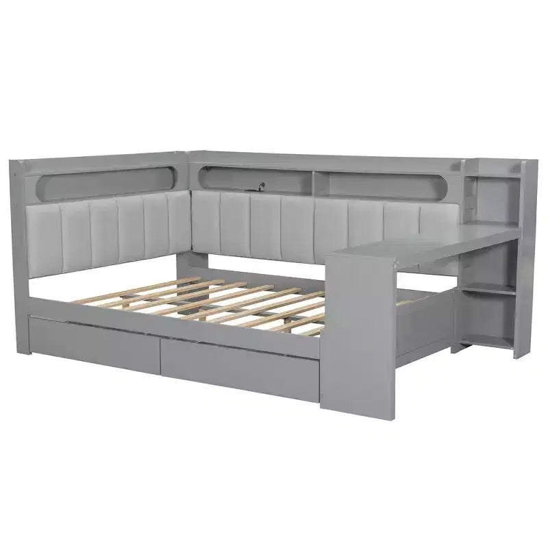 Lit de repos pleine taille avec étagères de rangement, station de charge, lumière LED, bureau et tête et dossier rembourrés - ModernLuxe