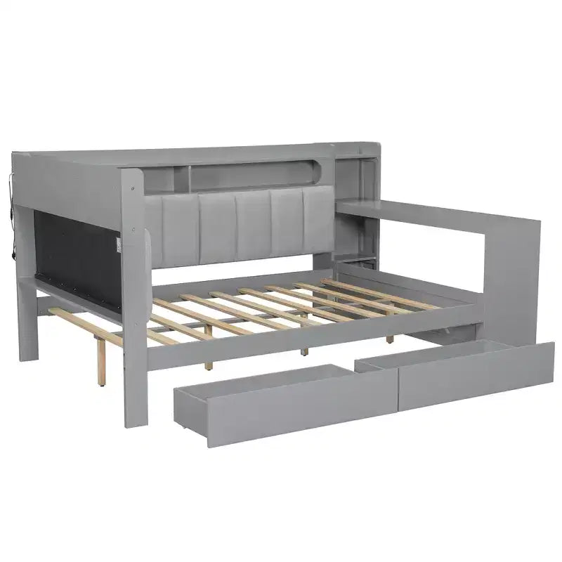 Lit de repos pleine taille avec étagères de rangement, station de charge, lumière LED, bureau et tête et dossier rembourrés - ModernLuxe