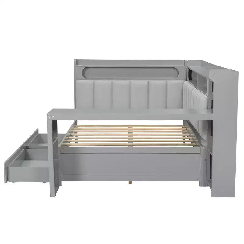 Lit de repos pleine taille avec étagères de rangement, station de charge, lumière LED, bureau et tête et dossier rembourrés - ModernLuxe