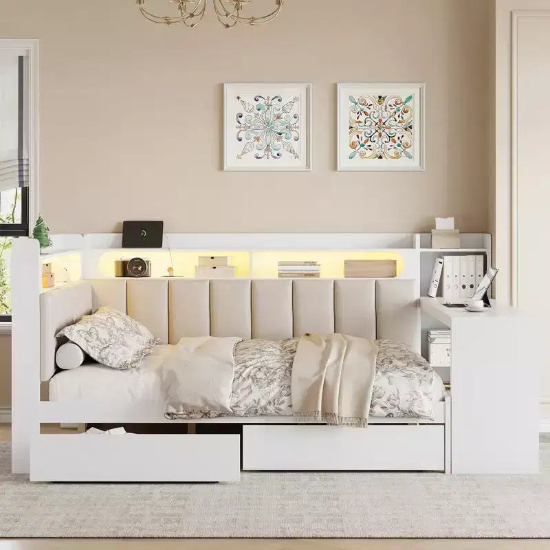 Lit de repos pleine taille avec étagères de rangement, station de charge, lumière LED, bureau et tête et dossier rembourrés - ModernLuxe