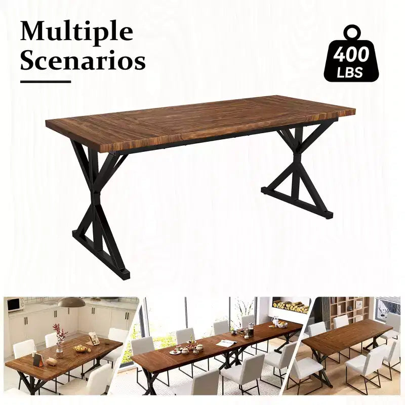 Table de salle à manger de ferme Dyonery 70.8 pour 6 personnes, table de cuisine rustique en bois avec pieds en métal pour salle à manger