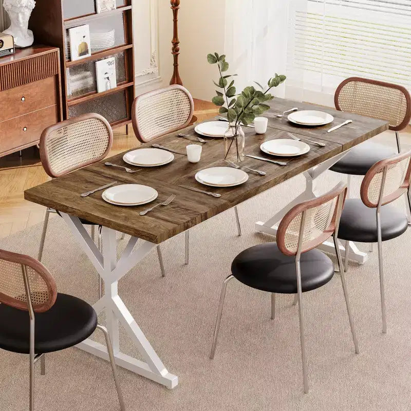 Table de salle à manger de ferme Dyonery 70.8 pour 6 personnes, table de cuisine rustique en bois avec pieds en métal pour salle à manger