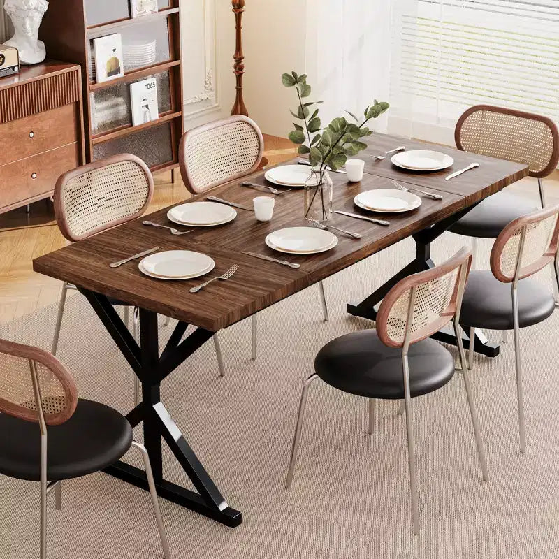 Table de salle à manger de ferme Dyonery 70.8 pour 6 personnes, table de cuisine rustique en bois avec pieds en métal pour salle à manger