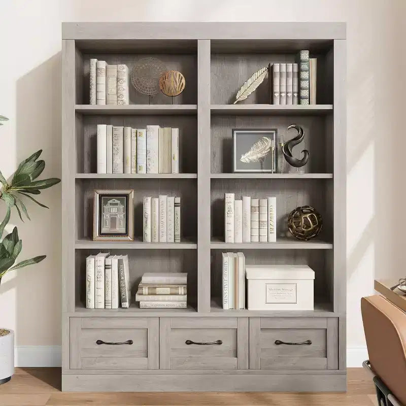 COZONY Étagère à Livres Haute en Bois de 162 cm avec 3 Tiroirs de Rangement et 4 Étagères Ouvertes, Grande Bibliothèque pour Bureau, Salon et Chambre