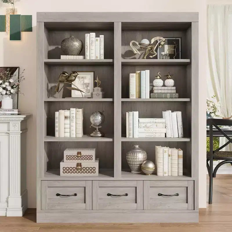 COZONY Étagère à Livres Haute en Bois de 162 cm avec 3 Tiroirs de Rangement et 4 Étagères Ouvertes, Grande Bibliothèque pour Bureau, Salon et Chambre