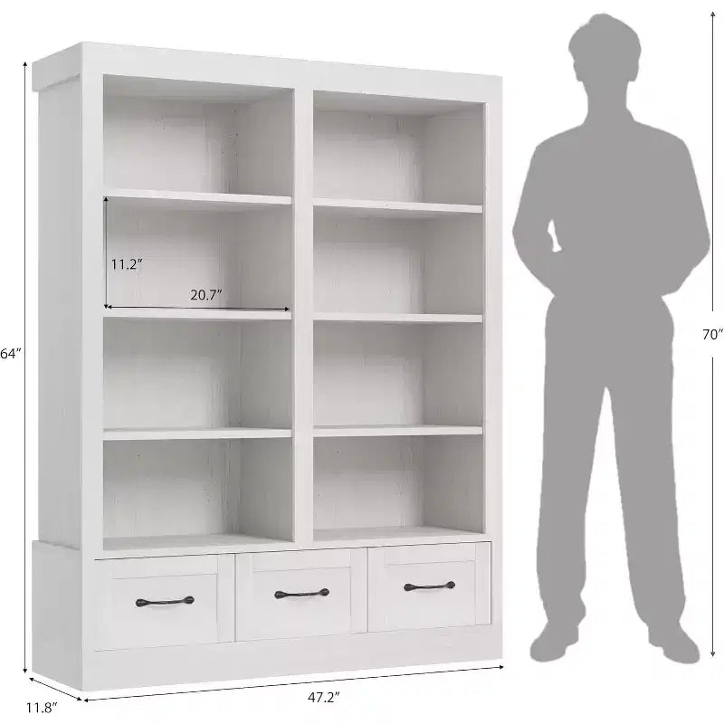 COZONY Étagère à Livres Haute en Bois de 162 cm avec 3 Tiroirs de Rangement et 4 Étagères Ouvertes, Grande Bibliothèque pour Bureau, Salon et Chambre