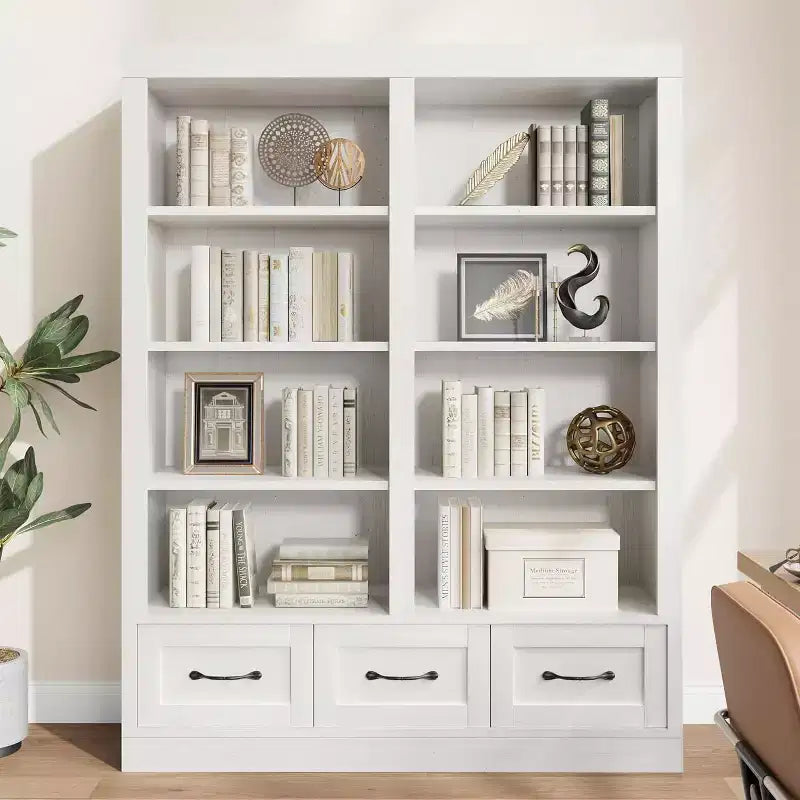 COZONY Étagère à Livres Haute en Bois de 162 cm avec 3 Tiroirs de Rangement et 4 Étagères Ouvertes, Grande Bibliothèque pour Bureau, Salon et Chambre