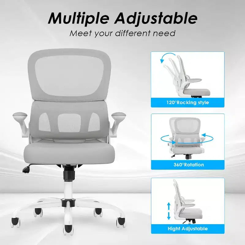 Chaise de bureau ergonomique en maille Okak, chaise d'ordinateur avec support lombaire et accoudoir rabattable, chaise confortable à roulettes pour l'étude, le bureau, la maison