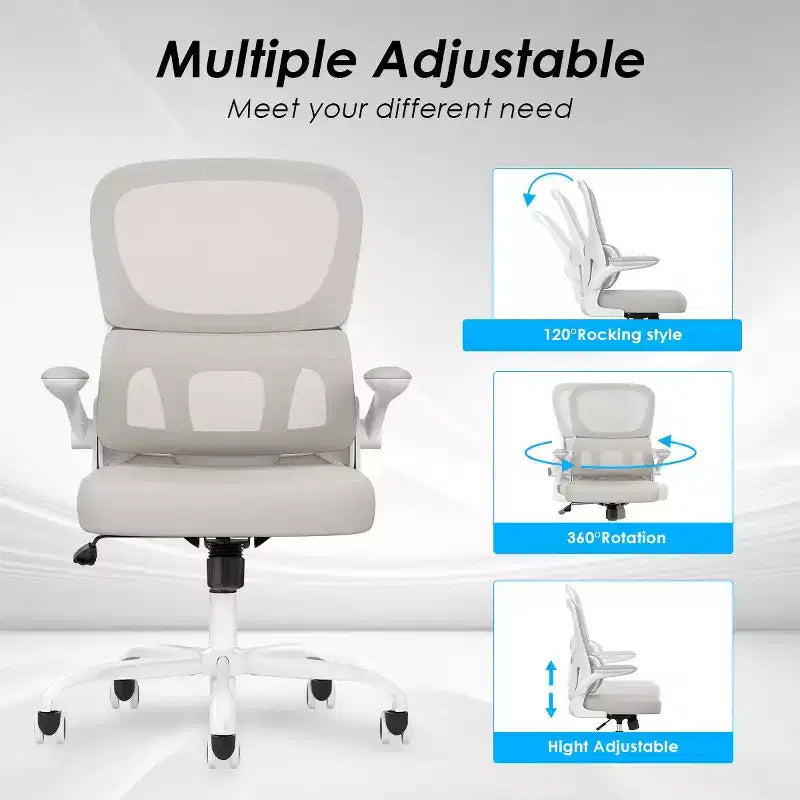 Chaise de bureau ergonomique en maille Okak, chaise d'ordinateur avec support lombaire et accoudoir rabattable, chaise confortable à roulettes pour l'étude, le bureau, la maison