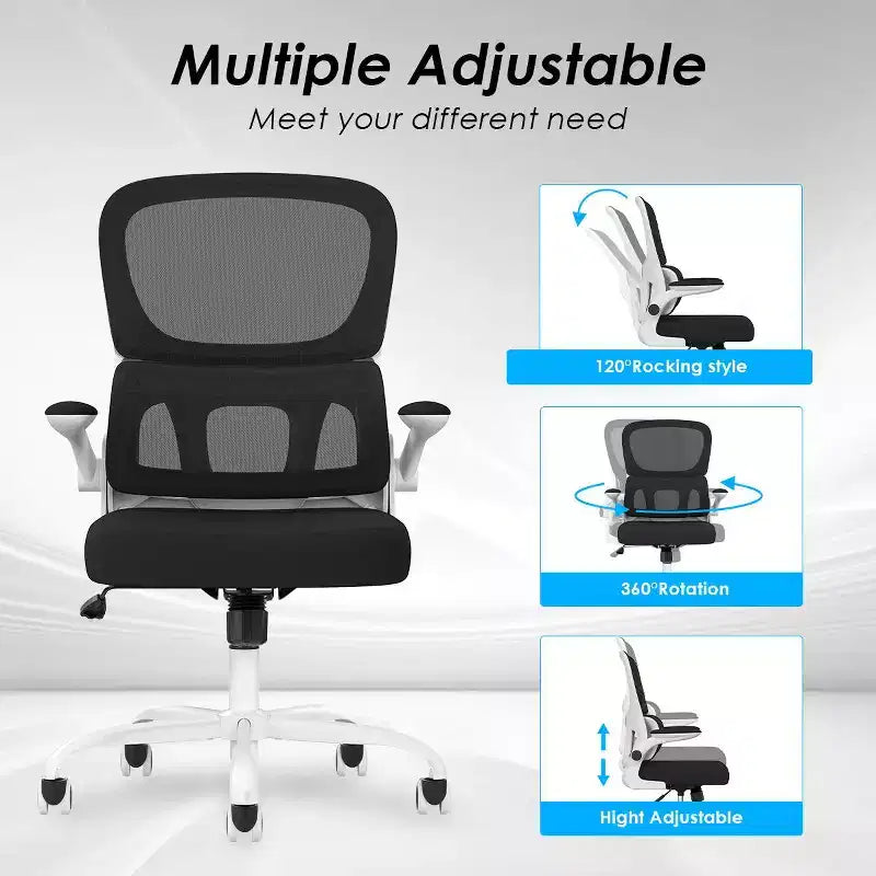 Chaise de bureau ergonomique en maille Okak, chaise d'ordinateur avec support lombaire et accoudoir rabattable, chaise confortable à roulettes pour l'étude, le bureau, la maison