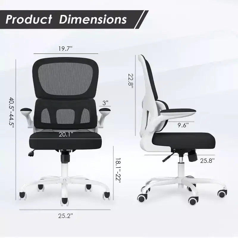 Chaise de bureau ergonomique en maille Okak, chaise d'ordinateur avec support lombaire et accoudoir rabattable, chaise confortable à roulettes pour l'étude, le bureau, la maison