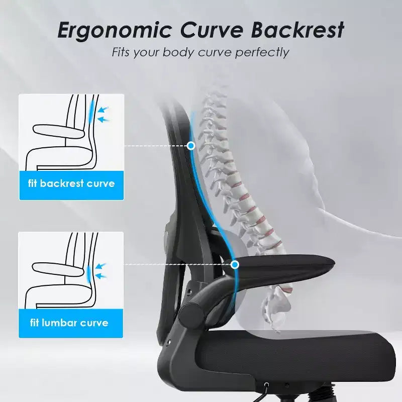 Chaise de bureau ergonomique en maille Okak, chaise d'ordinateur avec support lombaire et accoudoir rabattable, chaise confortable à roulettes pour l'étude, le bureau, la maison