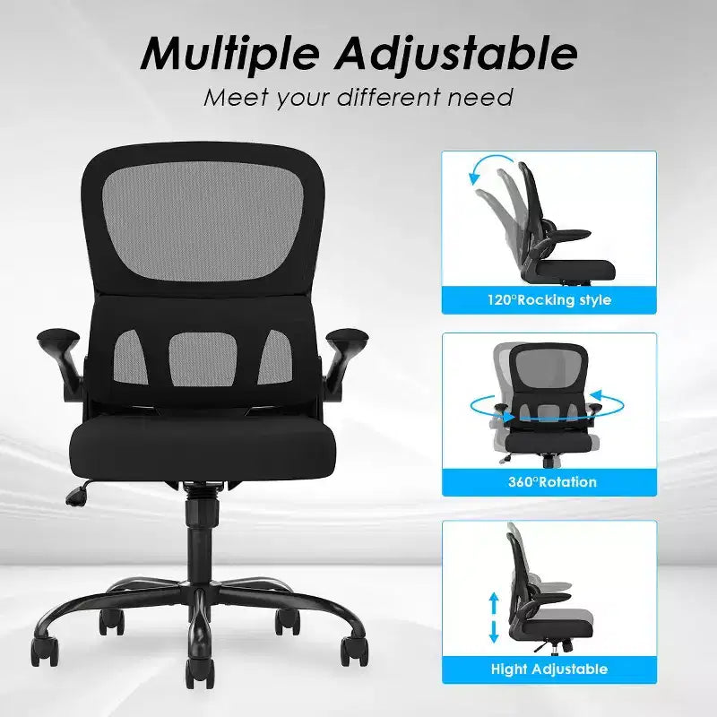 Chaise de bureau ergonomique en maille Okak, chaise d'ordinateur avec support lombaire et accoudoir rabattable, chaise confortable à roulettes pour l'étude, le bureau, la maison