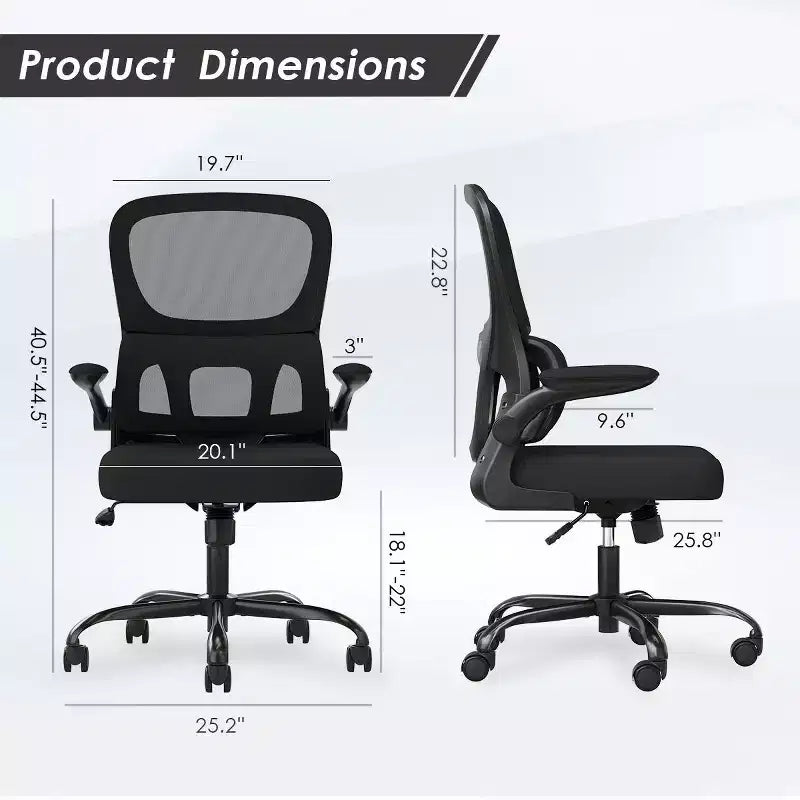 Chaise de bureau ergonomique en maille Okak, chaise d'ordinateur avec support lombaire et accoudoir rabattable, chaise confortable à roulettes pour l'étude, le bureau, la maison