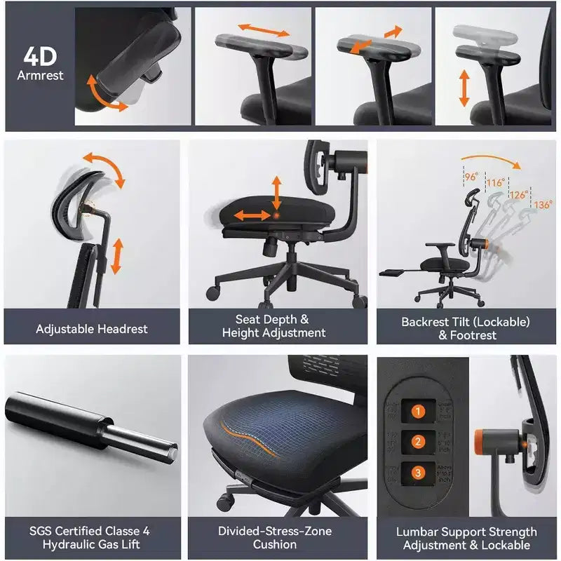 Chaise ergonomique Newtral avec repose-pieds - Chaise de bureau à domicile avec support lombaire, accoudoirs 4D, profondeur et hauteur d'assise réglables - MAGICH-BP+LAPD-BLACK