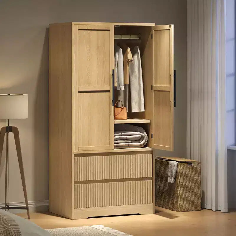 Grande armoire-penderie avec tringle et tiroirs, armoire de rangement 2-en-1 avec portes en bois pour chambre à coucher, organisateur grande capacité avec conception anti-basculement