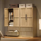 Grande armoire-penderie avec tringle et tiroirs, armoire de rangement 2-en-1 avec portes en bois pour chambre à coucher, organisateur grande capacité avec conception anti-basculement