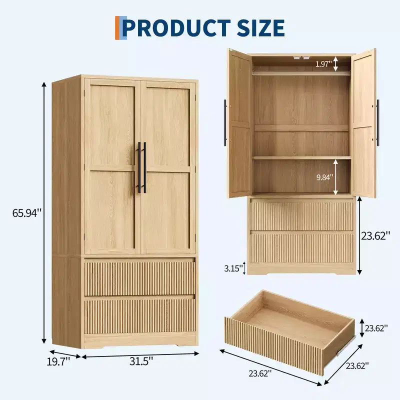 Grande armoire-penderie avec tringle et tiroirs, armoire de rangement 2-en-1 avec portes en bois pour chambre à coucher, organisateur grande capacité avec conception anti-basculement
