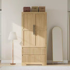 Grande armoire-penderie avec tringle et tiroirs, armoire de rangement 2-en-1 avec portes en bois pour chambre à coucher, organisateur grande capacité avec conception anti-basculement