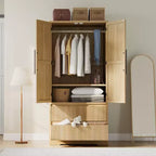 Grande armoire-penderie avec tringle et tiroirs, armoire de rangement 2-en-1 avec portes en bois pour chambre à coucher, organisateur grande capacité avec conception anti-basculement