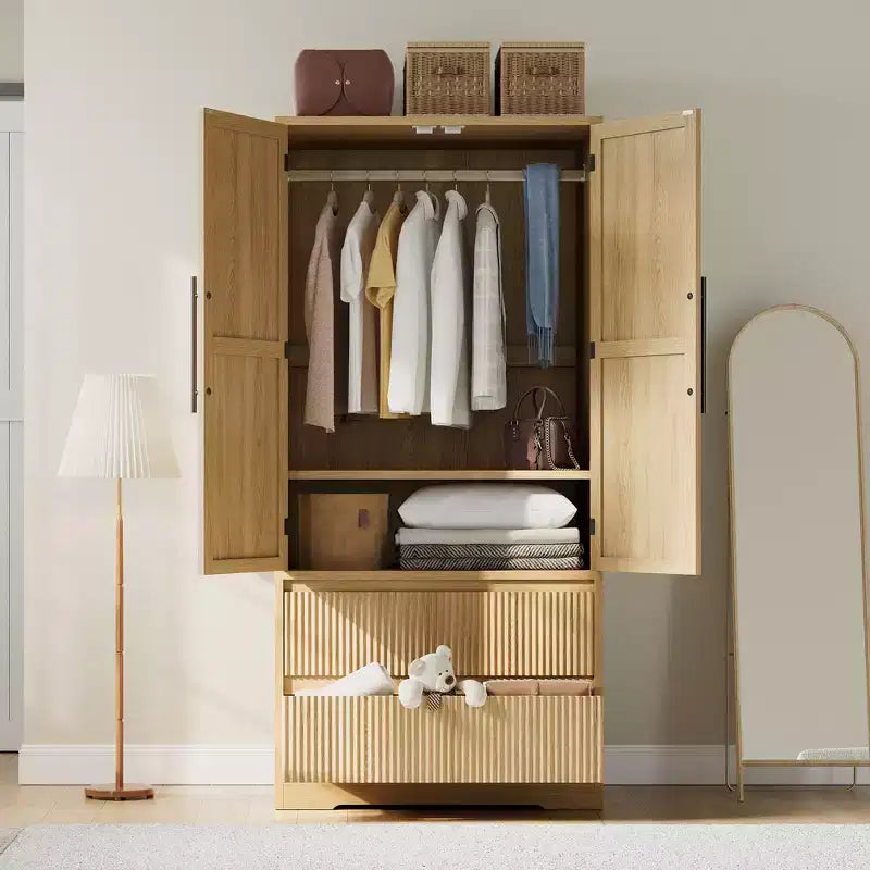 Grande armoire-penderie avec tringle et tiroirs, armoire de rangement 2-en-1 avec portes en bois pour chambre à coucher, organisateur grande capacité avec conception anti-basculement