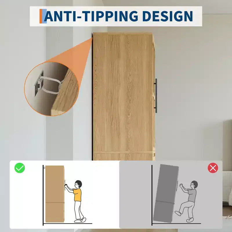 Grande armoire-penderie avec tringle et tiroirs, armoire de rangement 2-en-1 avec portes en bois pour chambre à coucher, organisateur grande capacité avec conception anti-basculement