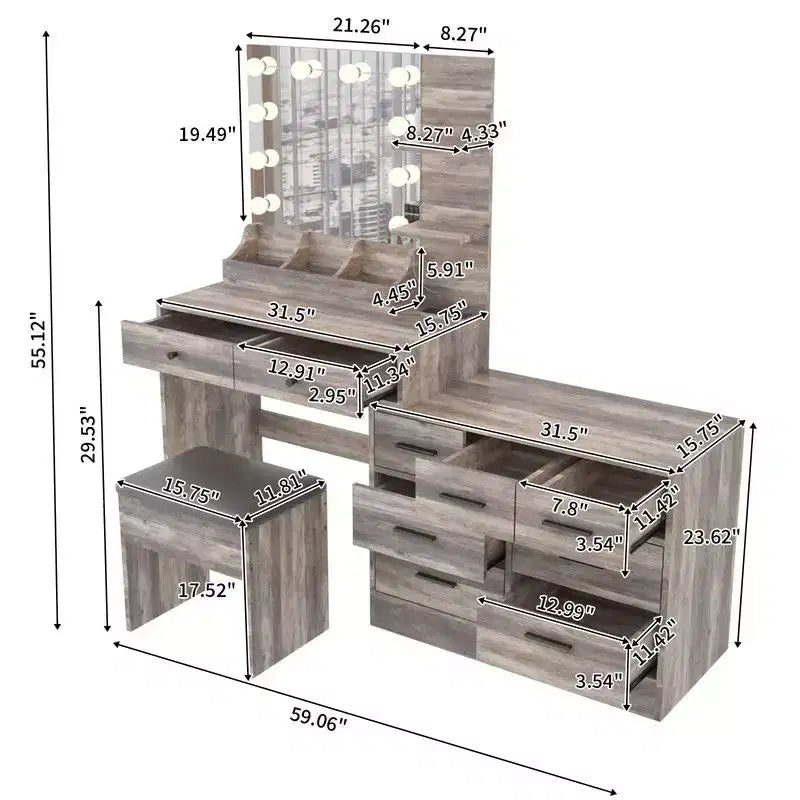 Coiffeuse complète, en panneaux de particules gris rétro avec finition mélaminée texturée, comprenant 9 tiroirs, 2 étagères et 1 plateau de rangement