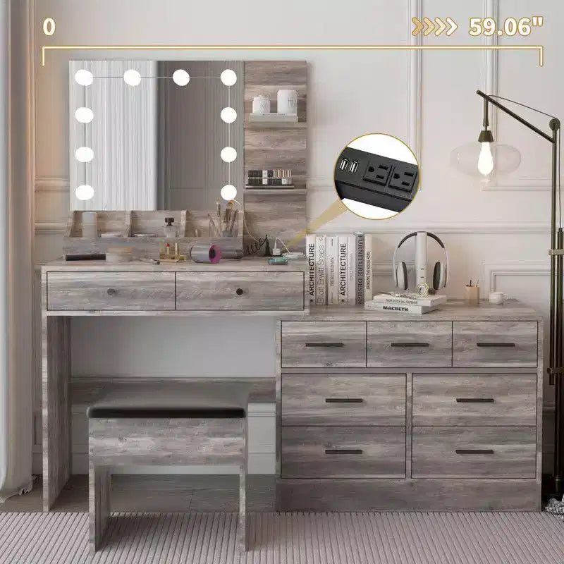 Coiffeuse complète, en panneaux de particules gris rétro avec finition mélaminée texturée, comprenant 9 tiroirs, 2 étagères et 1 plateau de rangement