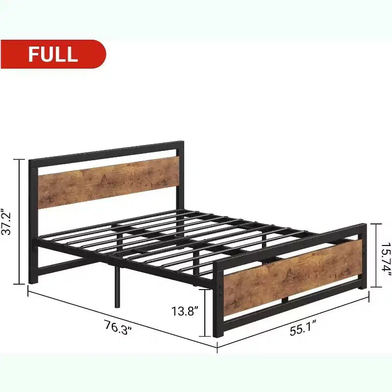 Lit plateforme industriel vintage avec tête de lit en bois rustique, 14 espaces de rangement sous le lit, sommier tapissier non requis, montage facile