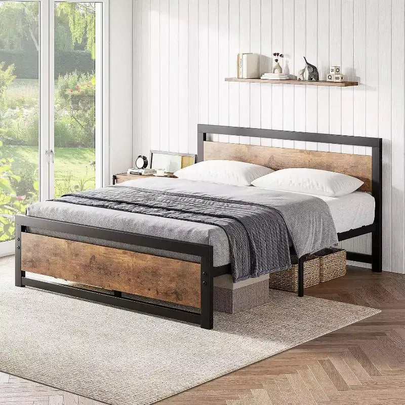 Lit plateforme industriel vintage avec tête de lit en bois rustique, 14 espaces de rangement sous le lit, sommier tapissier non requis, montage facile