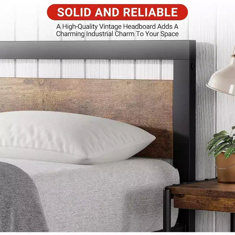 Lit plateforme industriel vintage avec tête de lit en bois rustique, 14 espaces de rangement sous le lit, sommier tapissier non requis, montage facile