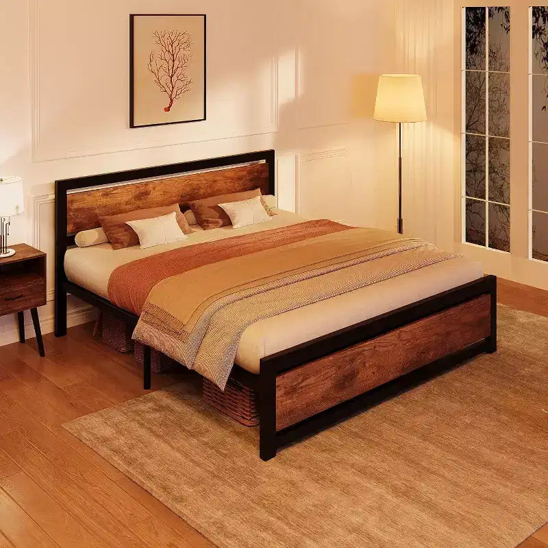 Lit plateforme industriel vintage avec tête de lit en bois rustique, 14 espaces de rangement sous le lit, sommier tapissier non requis, montage facile