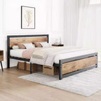Lit plateforme industriel vintage avec tête de lit en bois rustique, 14 espaces de rangement sous le lit, sommier tapissier non requis, montage facile
