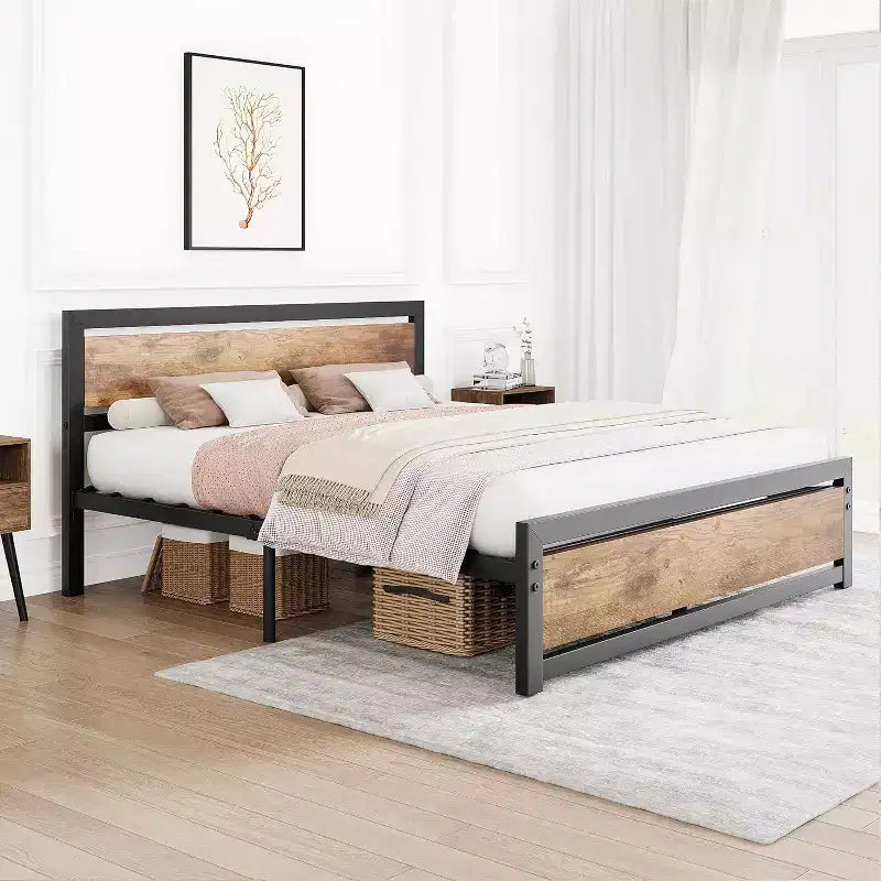 Lit plateforme industriel vintage avec tête de lit en bois rustique, 14 espaces de rangement sous le lit, sommier tapissier non requis, montage facile